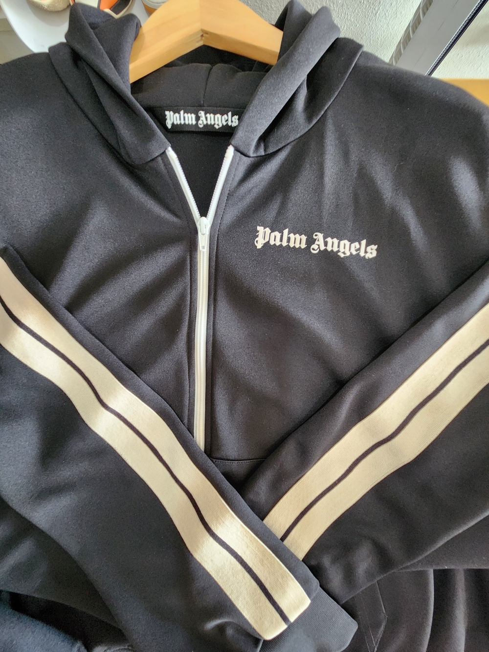 Palm Angels Black Zip-Up Sweatshirt with Cream Sleeve Stripes
